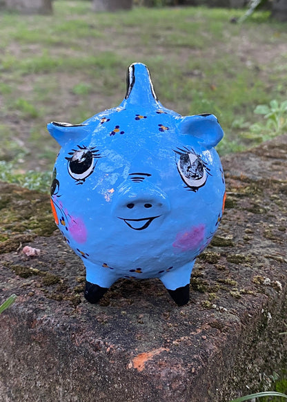 Puerquito Papel Maché Alcancía  # 1 Azul